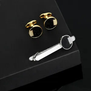 Starry frosted round cufflinks and necktie clip set in a black gift box for business wear