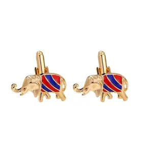 Creative gold elephant cufflinks with red and blue striped enamel for business shirts