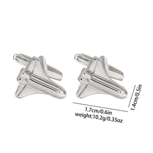 Detailed macro shot of silver space shuttle cufflinks with precise dimensions and weight