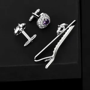 Silver cufflinks and tie clip set with purple heart crystals and white cubic zirconia