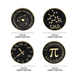 Detailed set of four science-themed enamel pins featuring atom, Pi, and chemical formulas