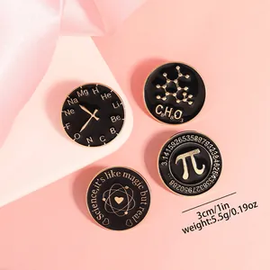 Close-up of four science-themed enamel pins featuring Pi and chemical formulas