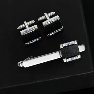 Boutons De Manchette Business Pour Hommes Et Pince À Cravate Cuivre Argent Noir Dépoli Incrusté De Strass Bijoux De Mariage Formel Accessoires