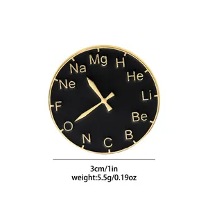 Detail of creative chemistry element pin showing 3cm diameter and 5.5g weight specs