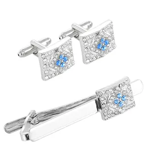 Silver square cufflinks and tie clip set with blue and white crystals for business