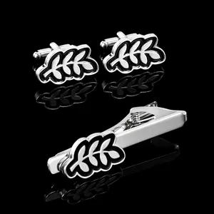 Juego De Gemelos Y Pasador De Corbata De Aleación Con Patrón De Hoja Minimalista Europeo Con Caja De Regalo Negra Accesorios Para Hombre