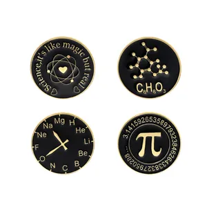 Detailed set of four science enamel pins with atom model, vanillin formula and pi symbol