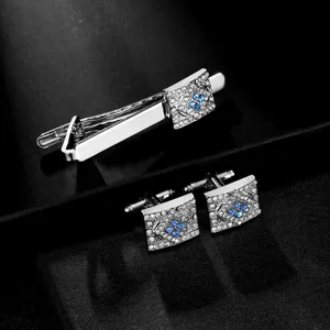 Business cufflinks and tie clip set with blue floral pattern and cubic zirconia