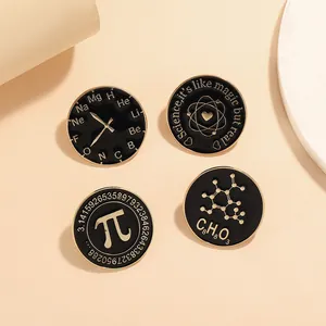 Close-up of four black enamel science lapel pins featuring pi and chemical formulas