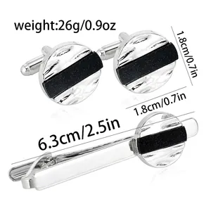 Mens silver cufflinks and tie clip set with hammered texture and black matte strip