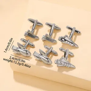Silver rocket and airplane cufflinks set for business shirts with dimensions displayed