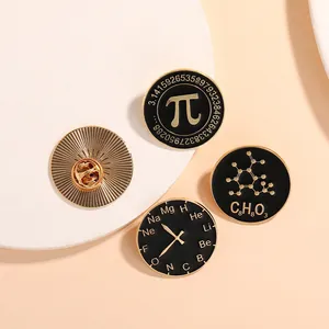 Detailed set of science lapel pins featuring Pi, chemical formula, and element clock