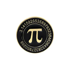 Macro detail of golden Pi symbol pin badge with mathematical constants on black enamel