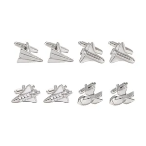 Silver aerospace cufflinks set featuring paper plane, space shuttle and rocket designs