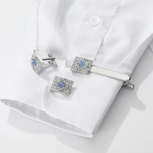 Silver square business cufflinks and tie clip set with blue and white crystals