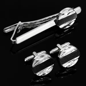 Men Business Accessory Set Silver Alloy Round Cufflinks And Tie Clip With Black Matte Inlay Fashion French Shirt Jewelry