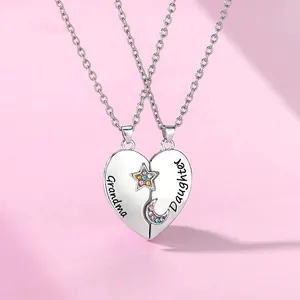 Silver Grandma and Daughter heart split pendant necklace set for Mother's Day gift