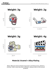 Detailed view of four movie-themed enamel pins with weight and size specifications
