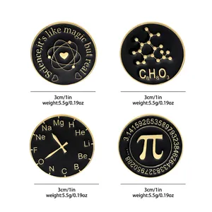 Science-themed enamel pins set featuring pi, atoms, and chemistry formulas in black and gold