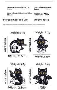 Detailed size chart for Halloween cartoon black cat and skull enamel pins in alloy