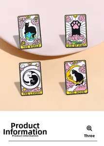 Detailed set of four tarot-themed cat enamel pins with colorful illustration designs