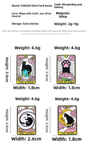 Detailed specs of Tarot cat enamel pins showing dimensions and alloy craft details