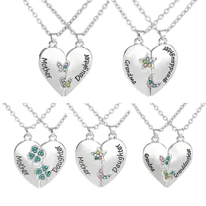 Mother Daughter heart necklaces set with silver alloy and sparkling rhinestones