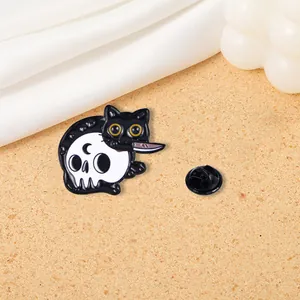 Detailed view of creative black cat enamel pin with skull patterns on a cork surface