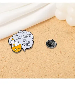 Detailed view of Science is Real enamel pin with yellow flask and secure butterfly clutch back