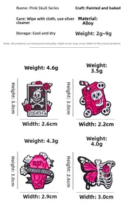 Detail of pink punk skeleton pins showing size and weight for various designs