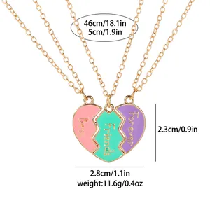 Juego de tres collares Best Friends Forever con colgante de corazón en rosa verde y morado
