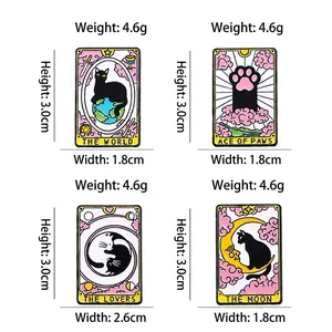 Cat tarot enamel pins set featuring The World, Ace of Paws, The Lovers and The Moon badges