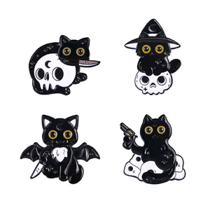 Gothic black cat enamel pin set with skull, bat wings and wizard hat designs
