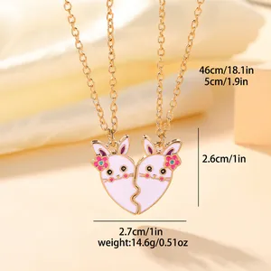 Set di collane con coniglietto e cuore puzzle in oro con smalto rosa e bianco per amiche