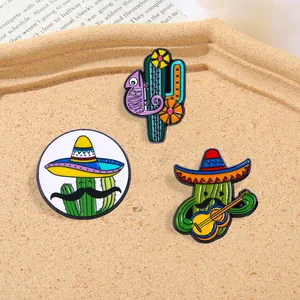 Set di tre spillette creative in smalto a forma di cactus western con camaleonte