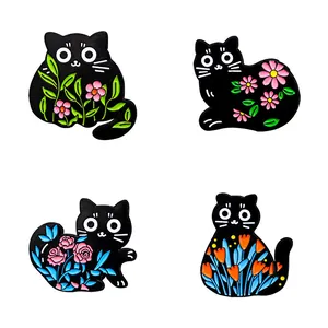 Cute Black Cat Enamel Pins Zinc Alloy Floral Rose Tulip Cartoon Brooches For Backpacks Jackets Hats Accessories