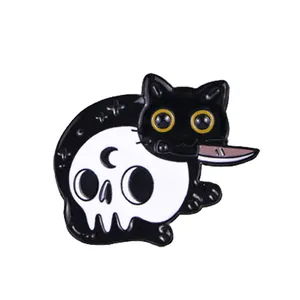Gothic black cat enamel pin with skull skeleton and knife for Halloween accessories