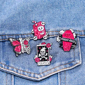 Gothic Punk Pink Skull Enamel Pin Badge Alloy Coffin Tarot Card Butterfly Bone Brooch For Backpack Clothing Fashion Decor
