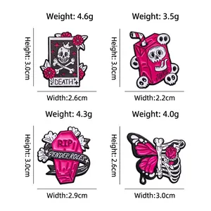 Pink gothic punk enamel pins set featuring skulls and coffins with product dimensions