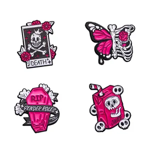 Pink gothic skull pins set including death tarot and coffin badges for backpacks