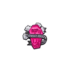 Pink coffin enamel pin with RIP Gender Roles text and floral ribbon punk style