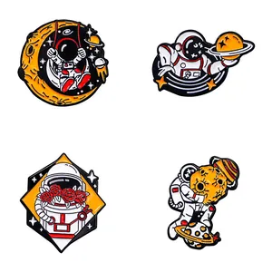 Astronaut enamel pin set featuring moon, planet, and rose designs in alloy finish