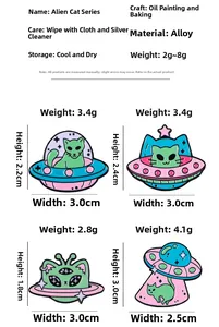 Detailed size chart for alien cat metal pins showing dimensions and weights of various styles