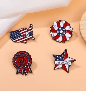 Macro view of four enamel USA patriotic pins featuring July 4th flags and patterns