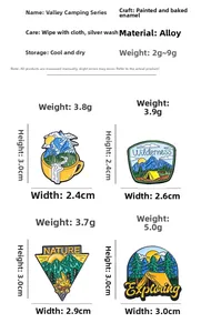 Detail of four camping enamel pins with wilderness nature themes and product dimensions