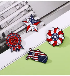 Detailed close-up of 4-piece USA flag enamel pins set for Independence Day on magazine