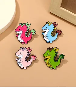 Set of four colorful dragon enamel pins in red, blue, pink, and green for decoration