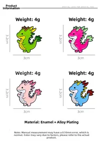 Detail view showing four dragon brooches with sizes and materials in a 2x2 grid