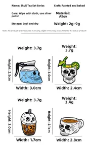 Size chart showing dimensions and weight for skull themed punk style enamel pins