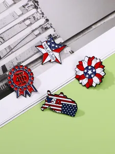 Detail view of 4th of July USA flag enamel pins set featuring stars and stripes designs
